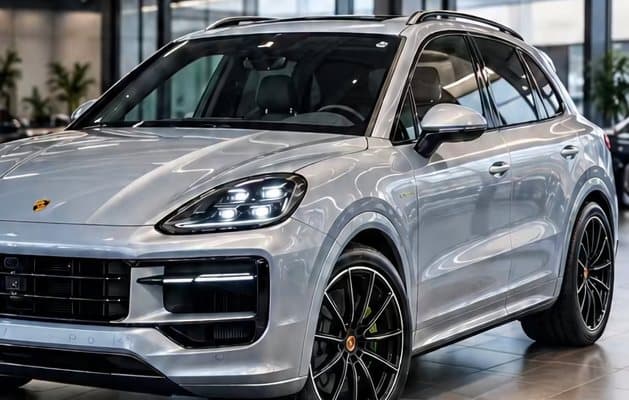 Porsche Cayenne E-Hybrid gris argent, vue de trois quarts avant
