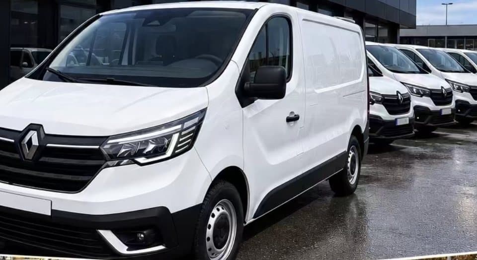 Renault Trafic blanc, vue de trois quarts avant, devant d’autres Trafic